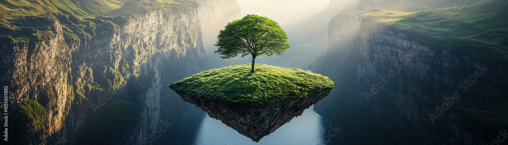 Poster a surreal floating island with a single tree surrounded by cliffs and a misty atmosphere, evoking fe