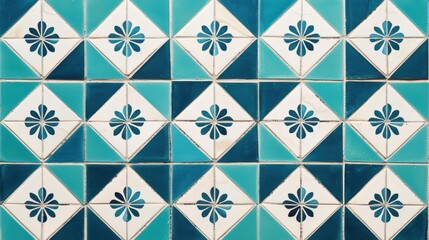 Fototapeta premium Intricate tile pattern featuring turquoise and white geometric designs, perfect for interior decor, craftsmanship, and artistic backgrounds.