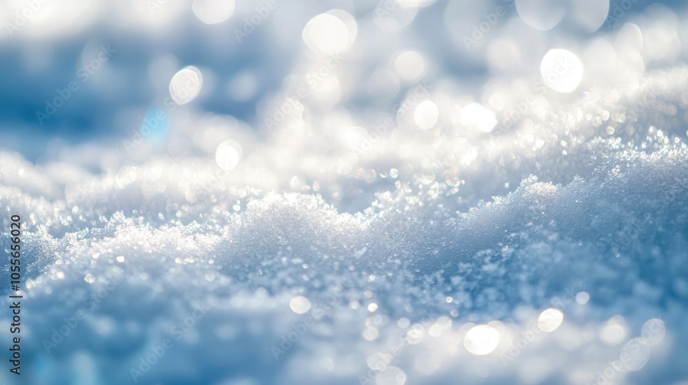 Poster close up macro image of snow textured surface in a cold and bright ambiance featuring a blurred and 