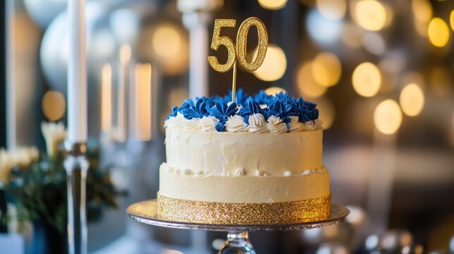 Festive 50th birthday cake featuring a gold topper and blue accents celebrating a special occasion with joy and style