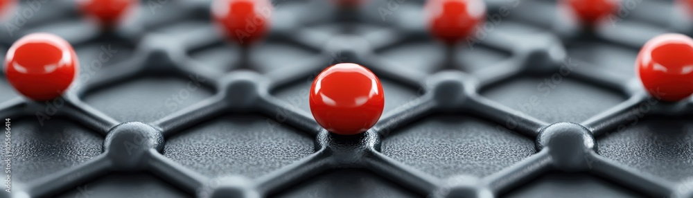 Poster a close-up view of red spheres on a textured black surface, showcasing unique patterns that evoke a 