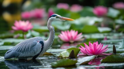 Obraz premium Heron poised in a pond surrounded by blooming pink water lilies