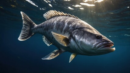 A large fish swimming gracefully in clear ocean waters, illuminated by sunlight.