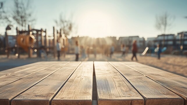 Empty wooden picnic table with playground in the distance