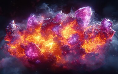 A stunning explosion of vibrant amethyst crystals surrounded by a fiery glow, showcasing the beauty of nature's treasures in a cosmic setting.