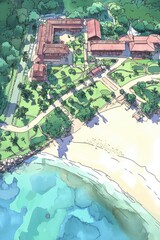 Fototapeta premium A stunning aerial view of a coastal resort featuring lush greenery, modern architecture, and serene beach access, perfect for travel and relaxation.