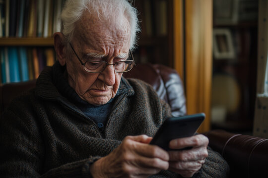 An elderly person struggling to use a smartphone, feeling frustrated and overwhelmed.An man sits comfortably in a chair, closely viewing his phone
