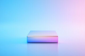 sleek blind box with gradient holographic finish, reflecting vibrant colors in soft blue and pink background. Perfect for modern decor or gift packaging