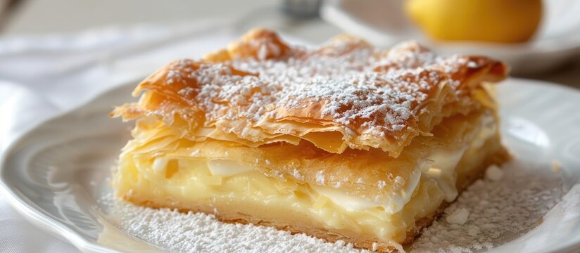 Bougatsa Greek Puff Pastry With Cream On White Dish