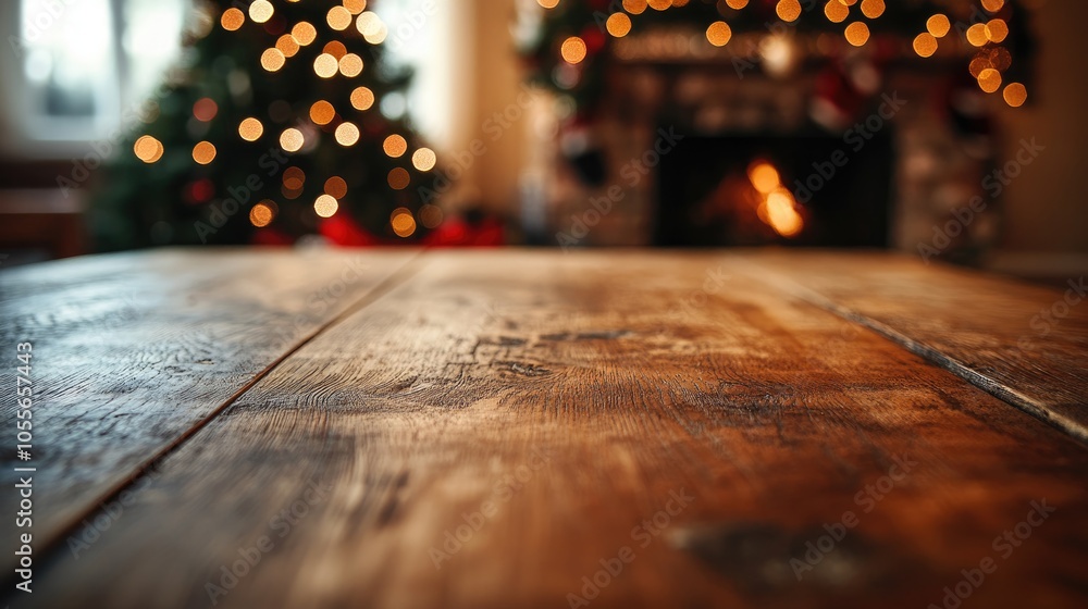 Poster rustic wooden table featuring empty space with a christmas tree and a fireplace visible in the backg