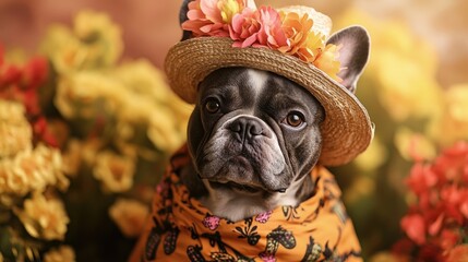Humorous dog outfits featuring French Bulldogs in Halloween costumes adorned with cactus designs featuring faux arms flowers and straw hats