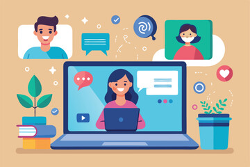 Laptop Screen Displaying Online Video Interview, Streaming Content on Digital Platform. Internet Web-Site Interface on Notebook Computer. Flat Vector Illustration Isolated on White Background
