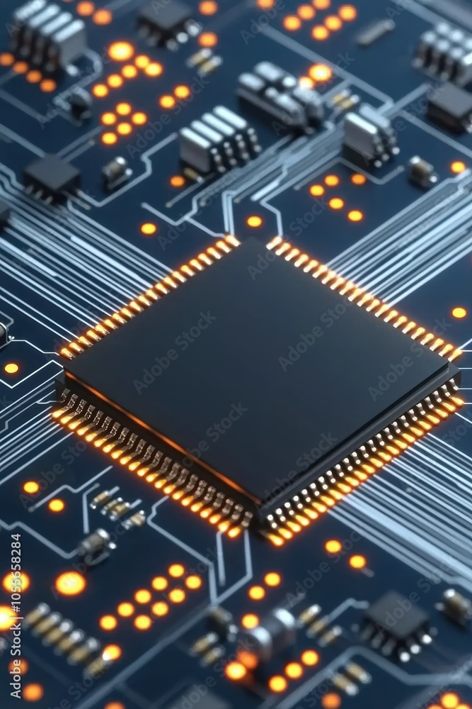 Poster close-up of a modern microchip on a circuit board, showcasing intricate patterns and glowing connect