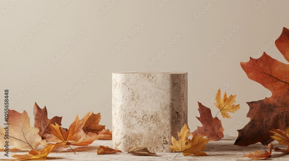 Poster stone pedestal adorned with autumn leaves featuring a fall backdrop for product display design in a 