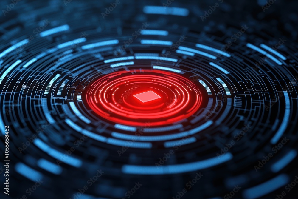 Poster futuristic abstract design featuring a glowing red center amidst a circular pattern of blue and blac