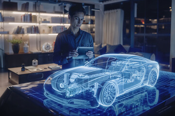 Engineer analyzing holographic car with ar. Generative AI