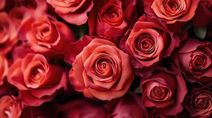 Close up of a bouquet featuring deep red roses