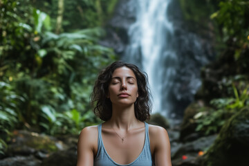 Obraz premium Young woman meditating peacefully at a waterfall