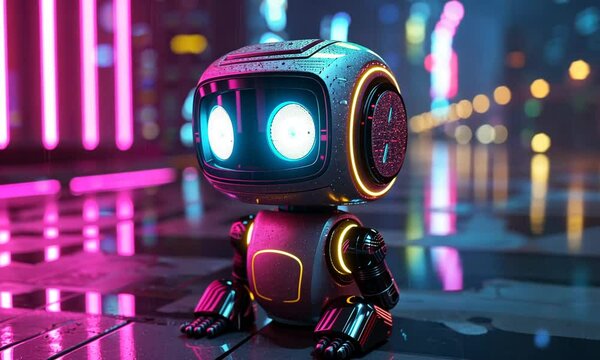 An AI robot stands in the middle of a rainy road, its bright blue eyes shining with curiosity and intelligence.