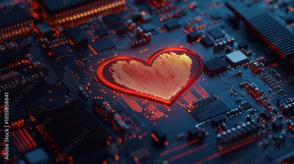 Poster computer featuring a heart shaped cpu chip set against a dark background with selective focus and am