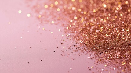 Fototapeta premium Golden pink sparkles on a soft pink backdrop A minimalistic festive background featuring scattered metallic glitter in gentle pastel shades