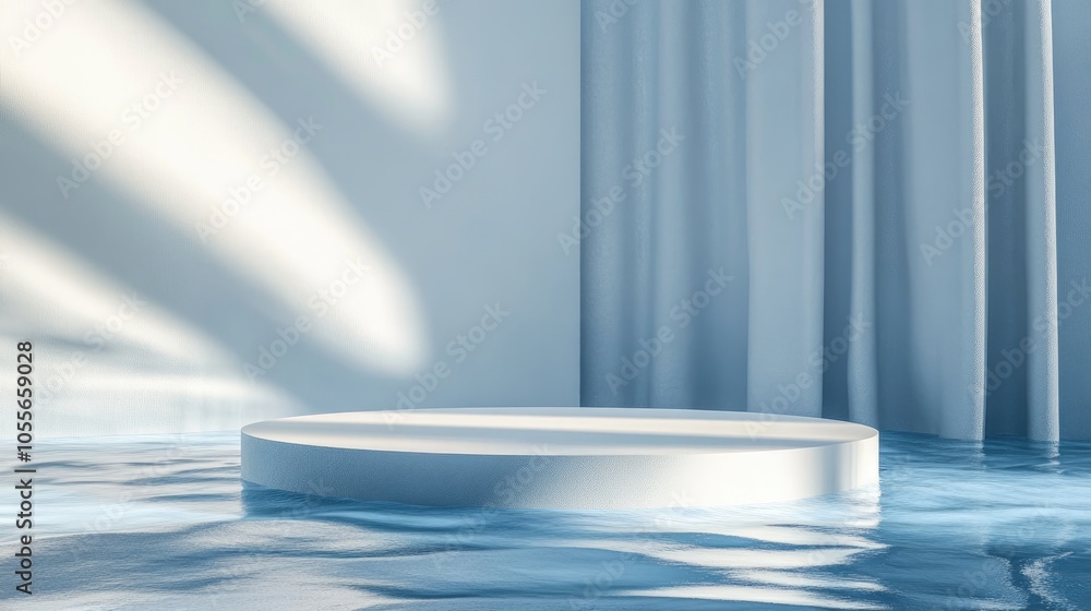 Poster abstract minimal nature scene featuring an empty stage and circular podium against a blue backdrop w