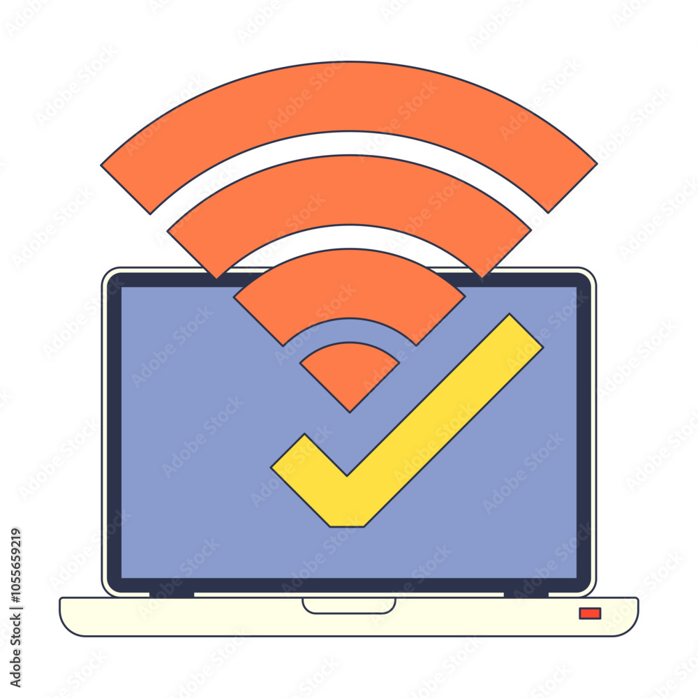 Poster laptop with strong wifi signal and checkmark symbolizing connectivity and reliability.