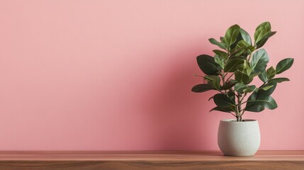 Fototapeta premium Wooden tabletop with a potted green plant positioned against a soft pastel pink wall creates a fresh and contemporary setting