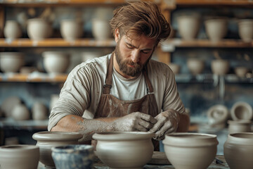 Craftsman meticulously shaping clay on pottery wheel Generative AI image