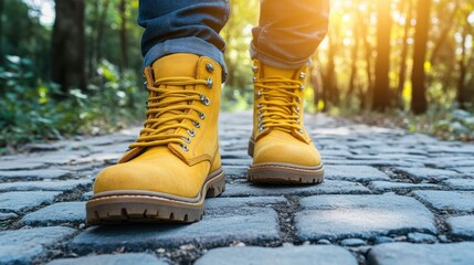 Close up of a man s legs wearing yellow boots on a paved stone path during a sunny spring day