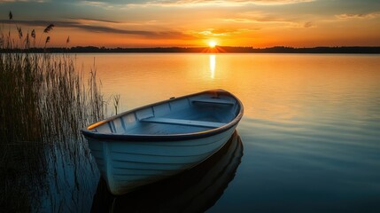 A serene sunset with a boat captured after golden hour creating a peaceful and tranquil atmosphere