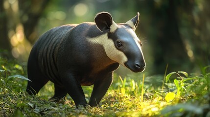 Fototapeta premium Close up of a tapir moving through grassy terrain