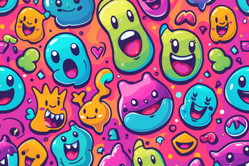 Vibrant cartoon monsters party pattern. Generative AI image