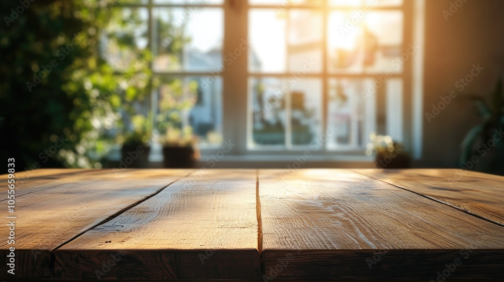 Poster wooden tabletop illuminated by bokeh light passing through windows set against a backdrop of natural