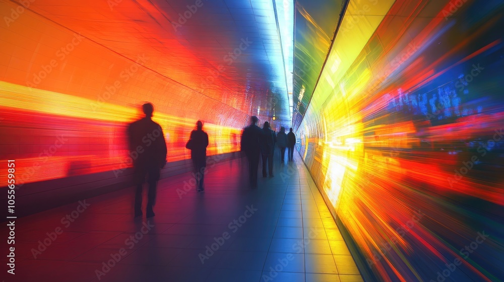 Poster silhouettes of commuters in a subway or train station as a fast moving train passes by capturing the