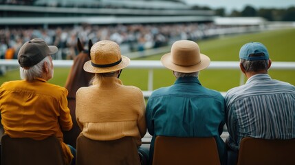 Group of people sitting in a row at a horse race event, wearing casual hats, watching the track from the sidelines with a blurred audience in the background.