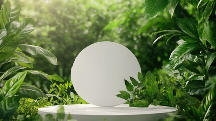 White round podium mockup for presenting natural organic cosmetic products set against a fresh leaves and eco friendly forest backdrop