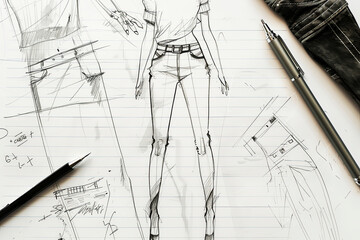 Creative fashion design sketches on a designer's workspace. Generative AI image