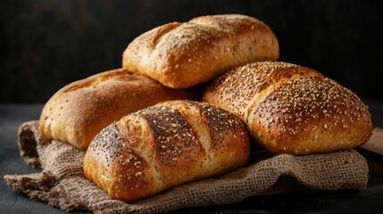 Rustic golden crusty loaves and buns of bread displayed on a dark background