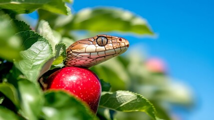 Snake with an apple fruit in its mouth. Forbidden fruit concept.