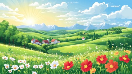 Fototapeta premium Vibrant landscape with mountains, flowers, and a serene village.