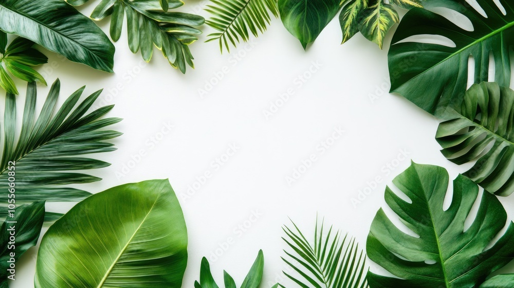 Poster close up of assorted fresh tropical leaves arranged on a white background design template featuring 