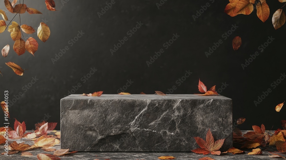 Poster Stone pedestal adorned with autumn leaves featuring a fall backdrop for product display design in a minimal mockup template