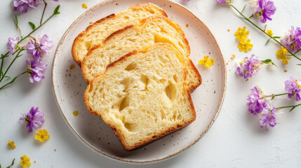 Close-up of easter bread slices on a plate with delicate floral accents for spring celebrations