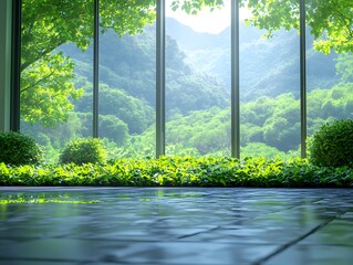 A serene view through large windows showcasing lush greenery and mountains in the background.