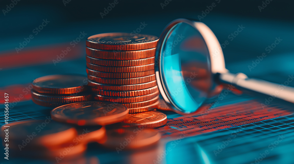Aufkleber stack of coins with a magnifying glass, emphasizing detailed assessment of cost and value in financi