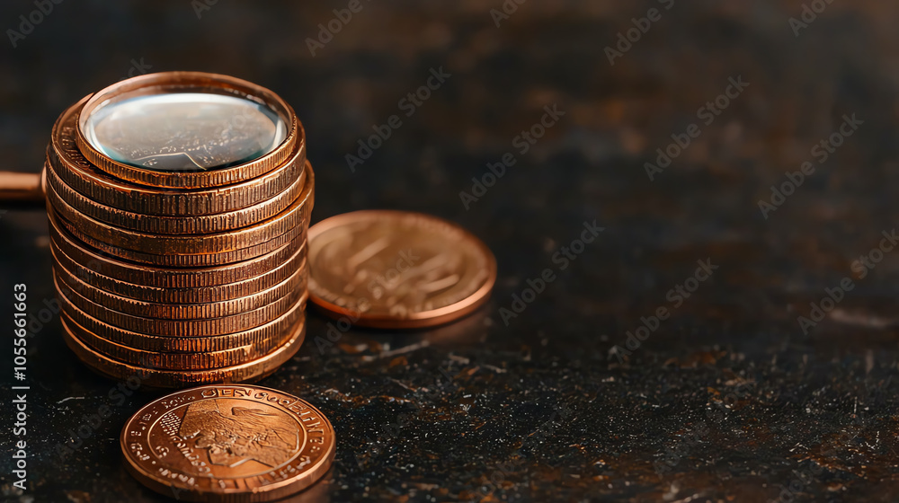 Aufkleber stack of coins with a magnifying glass, emphasizing detailed assessment of cost and value in financi