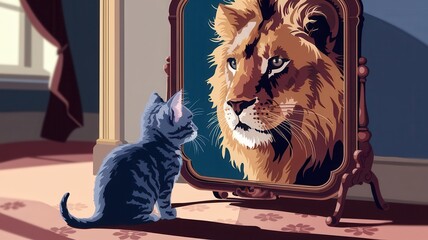 Gray Kitten Looking at Lion Reflection in Mirror, Vintage Style