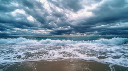 Fototapeta premium Panoramic view of ocean waves under a cloudy sky