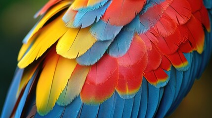 Obraz premium Close up of vibrant blue yellow and red feathers from an exotic parrot species